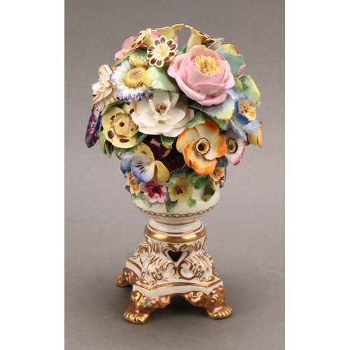 183 - A Derby pot pourri vase and cover, of compressed campana shape, painted with colourful summer flower... 