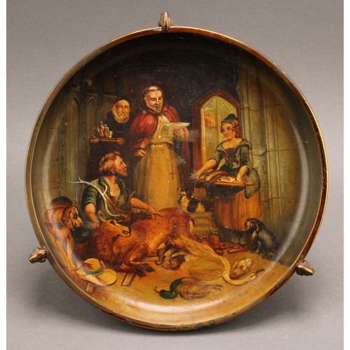 2337 - An early 19th century papier mache dish on stand, in the manner of Henry Clay, hand-painted with a d... 