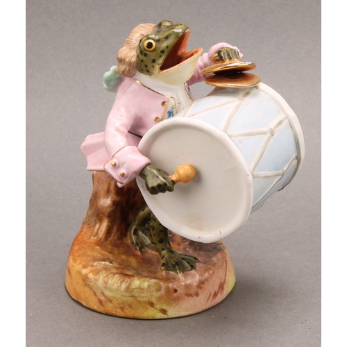 273 - A Sitzendorf matched six-piece frog band, in animated poses, playing various instruments, decorated ... 