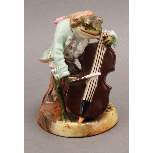 273 - A Sitzendorf matched six-piece frog band, in animated poses, playing various instruments, decorated ... 