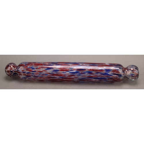 291 - A pair of 19th century Nailsea glass rolling pins, in mottled red and blue, 34cm long, the other 38c... 