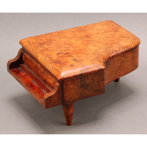 2339 - An early 20th century burr walnut novelty musical table vesta, as a grand piano, hinged cover enclos... 