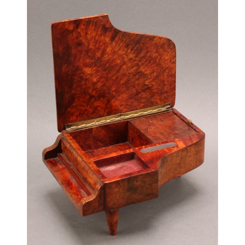 2339 - An early 20th century burr walnut novelty musical table vesta, as a grand piano, hinged cover enclos... 