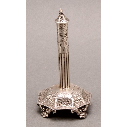 800 - A George IV silver novelty pillar-form perpetual calendar, the domed octagonal base chased with flow... 