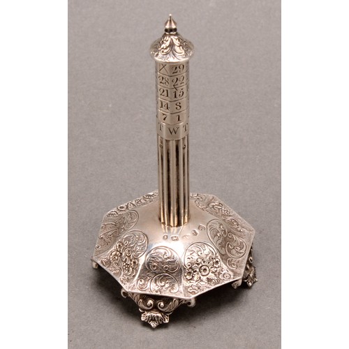 800 - A George IV silver novelty pillar-form perpetual calendar, the domed octagonal base chased with flow... 