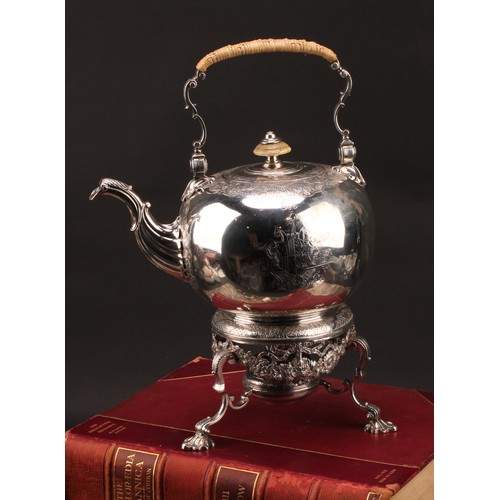 757 - A George II silver globular tea kettle on stand, chased and cast in the Rococo taste with shells, fl... 