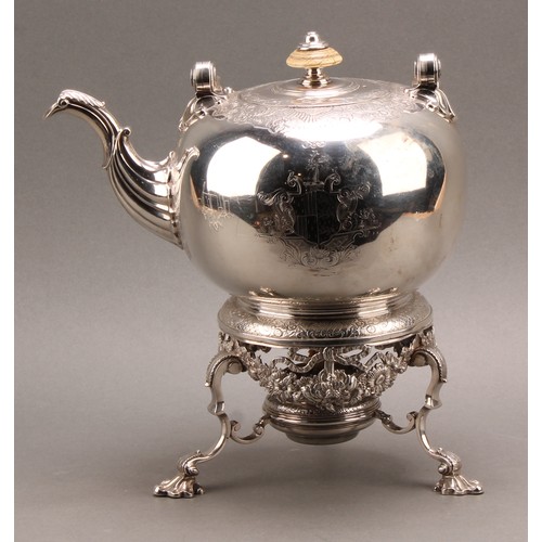 757 - A George II silver globular tea kettle on stand, chased and cast in the Rococo taste with shells, fl... 