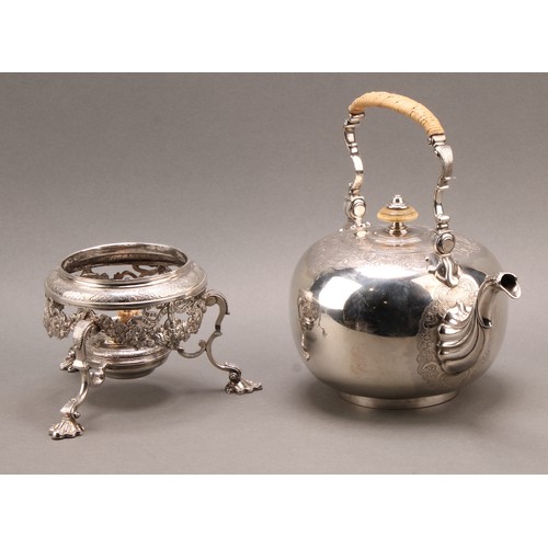 757 - A George II silver globular tea kettle on stand, chased and cast in the Rococo taste with shells, fl... 