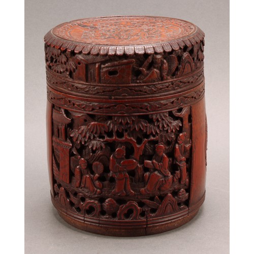 1373 - A pair of Chinese export bamboo tea caddies, each carved with narrative scenes with figures in a lan... 