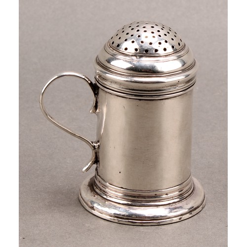 755 - A George I silver kitchen pepper, domed cover, scroll handle, skirted base, 7.5cm high, William Flem... 