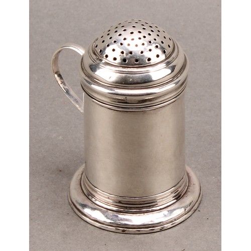 755 - A George I silver kitchen pepper, domed cover, scroll handle, skirted base, 7.5cm high, William Flem... 