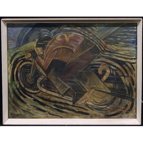 314 - Cubo-Futurist School (20th century)
Motorcyclist in Motion,
indistinctly signed, oil on board, 45cm ... 