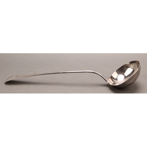 656 - A George III silver Old English pattern soup ladle, 37cm long, Edinburgh 1773