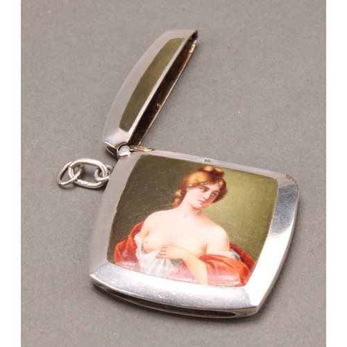 1102 - Erotica - an early 20th century Continental silver and enamel vesta case, decorated in polychrome wi... 