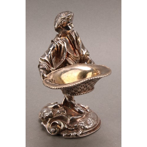 682 - A pair of Rococo Revival silver plated figural salts, cast as a fisher boy and girl holding baskets,... 