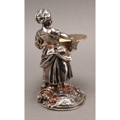 682 - A pair of Rococo Revival silver plated figural salts, cast as a fisher boy and girl holding baskets,... 