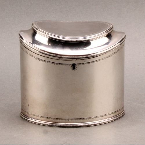 742 - A Dutch Neo-Classical silver oval tea caddy, bright0-cut engraved borders, hinged cover, 10.5cm high... 