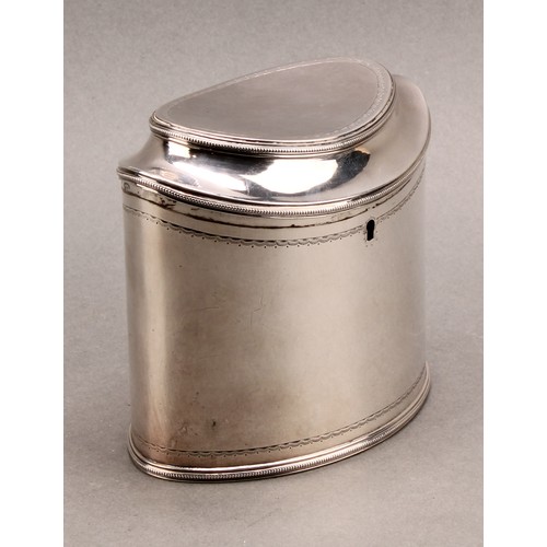 742 - A Dutch Neo-Classical silver oval tea caddy, bright0-cut engraved borders, hinged cover, 10.5cm high... 