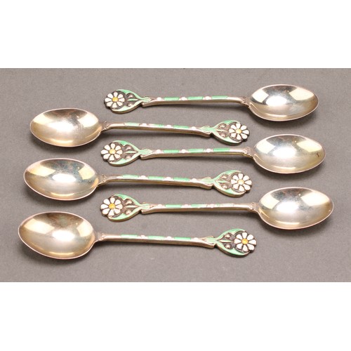 909 - A set of six Art Deco silver and enamel coffee spoons, each stem decorated with a flower, 9cm long, ... 