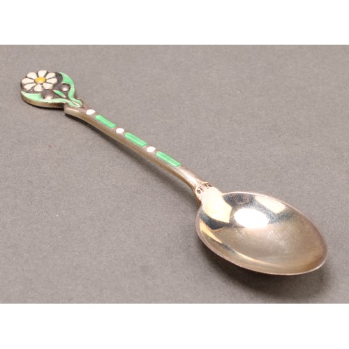 909 - A set of six Art Deco silver and enamel coffee spoons, each stem decorated with a flower, 9cm long, ... 