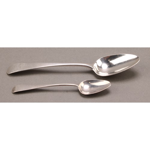 651 - A Channel Islands silver dessert spoon, maker TDH?, c.1810; a teaspoon, Charles William Quesnel, Jer... 