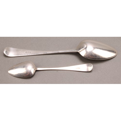 651 - A Channel Islands silver dessert spoon, maker TDH?, c.1810; a teaspoon, Charles William Quesnel, Jer... 