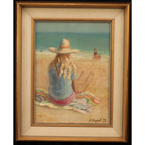 599 - Guilio Bagnoli (1927-1978)
Figure on Beach 
signed, dated 1972, oil on canvas, 34cm x 27cm