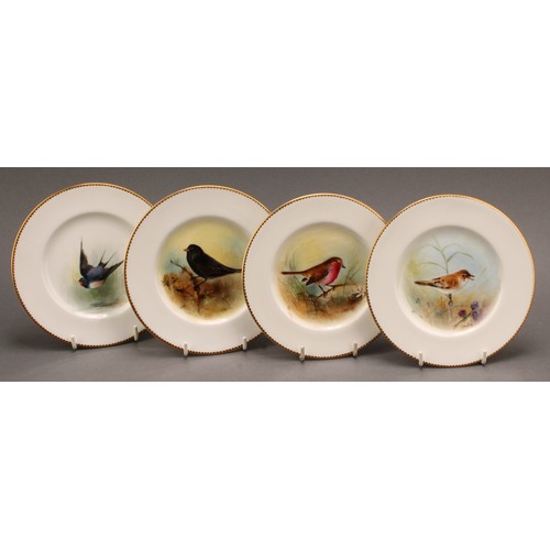 159 - A set of four Royal Worcester tea plates, painted by J. Hendry, signed, with named birds, Reed Warbl... 