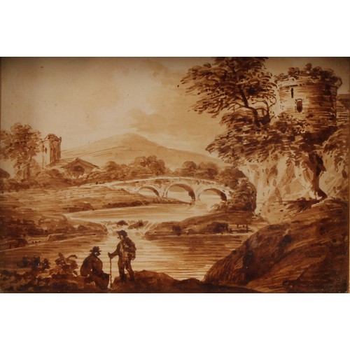 601 - Picturesque School (19th century) 
Landscape With Folly 
unsigned, sepia, 21cm x 18cm, gilt frame