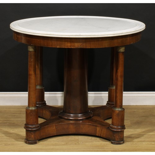 2357 - A French Empire design gilt metal mounted mahogany guéridon or centre table, marble top, cylindrical... 