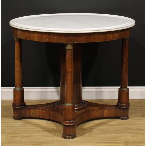 2357 - A French Empire design gilt metal mounted mahogany guéridon or centre table, marble top, cylindrical... 