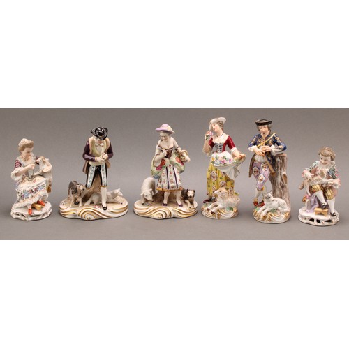 260 - A pair of Sitzendorf porcelain figures, of a boy and girl with lambs, decorated in polychrome, pierc... 