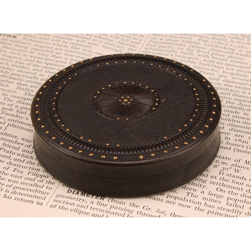 1415 - A 19th century pressed and engine turned bois durci waisted circular snuff box, push-fitting cover d... 