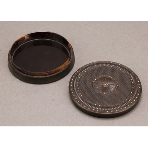 1415 - A 19th century pressed and engine turned bois durci waisted circular snuff box, push-fitting cover d... 