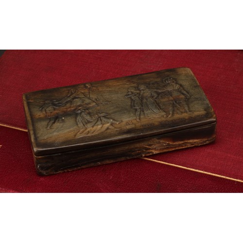 1413 - A 19th century French pressed horn rectangular snuff box, hinged cover with titled scene, Jesus Cond... 