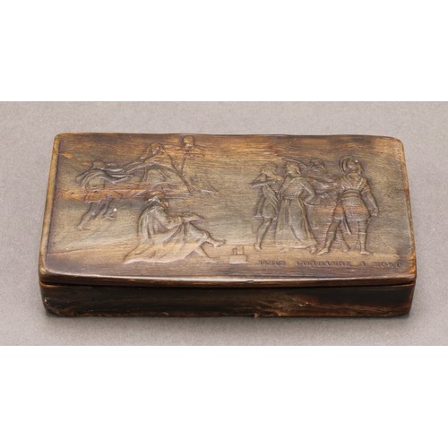 1413 - A 19th century French pressed horn rectangular snuff box, hinged cover with titled scene, Jesus Cond... 