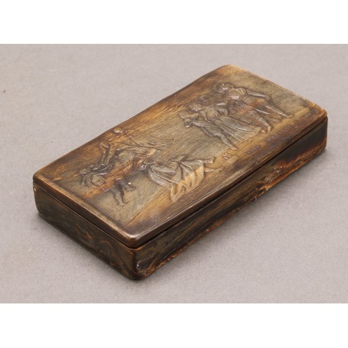 1413 - A 19th century French pressed horn rectangular snuff box, hinged cover with titled scene, Jesus Cond... 