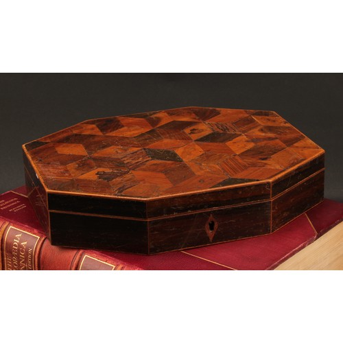 2334 - A George III parquetry octagonal playing card and counter box, hinged cover inlaid in the Tunbridge ... 