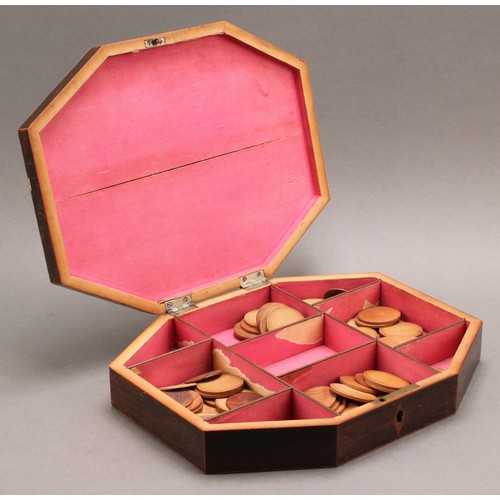 2334 - A George III parquetry octagonal playing card and counter box, hinged cover inlaid in the Tunbridge ... 