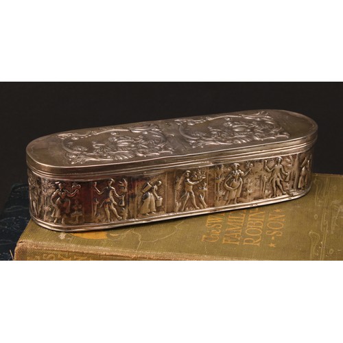 744 - A Dutch silver rounded rectangular tobacco box, chased with scenes in the 18th century taste, 16.5cm... 