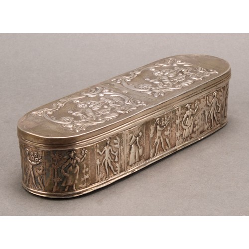 744 - A Dutch silver rounded rectangular tobacco box, chased with scenes in the 18th century taste, 16.5cm... 