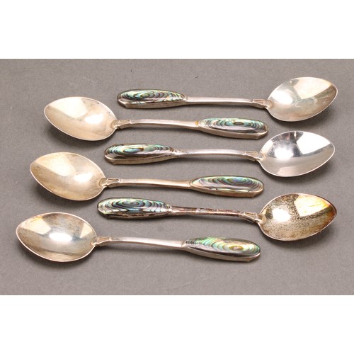 664 - A set of six New Zealand silver and paua shell coffee spoons, marked Silver, cased