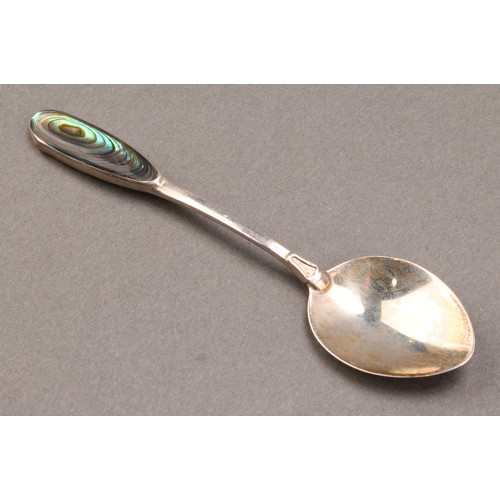 664 - A set of six New Zealand silver and paua shell coffee spoons, marked Silver, cased