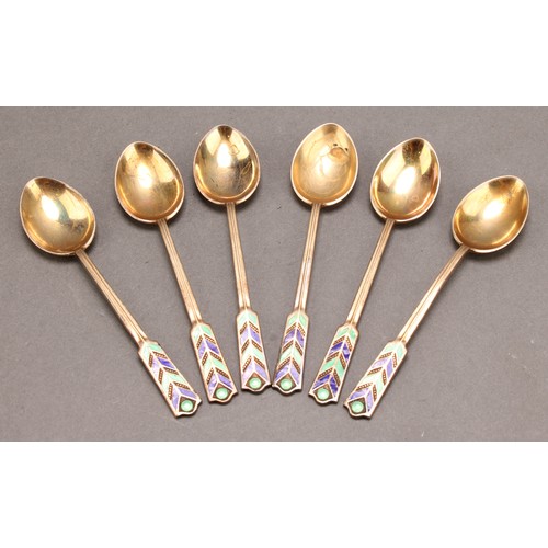 910 - A set of six Art Deco silver-gilt and enamel coffee spoons, Birmingham 1950, cased