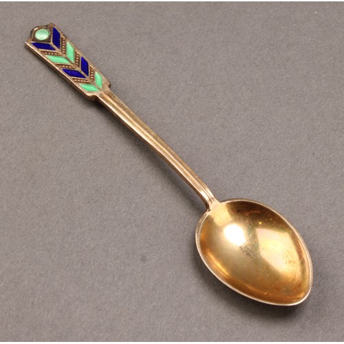 910 - A set of six Art Deco silver-gilt and enamel coffee spoons, Birmingham 1950, cased