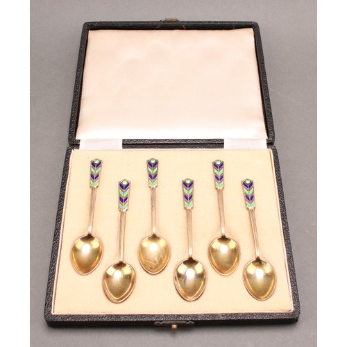 910 - A set of six Art Deco silver-gilt and enamel coffee spoons, Birmingham 1950, cased