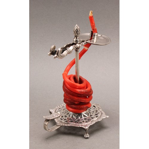 829 - A George V silver wax jack, of George III design, scissor-action sconce, the base pierced and cast i... 