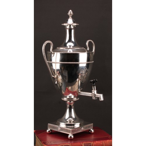 791 - A George III silver two-handled pedestal tea urn or samovar, in the Neo-Classical taste, beaded bord... 