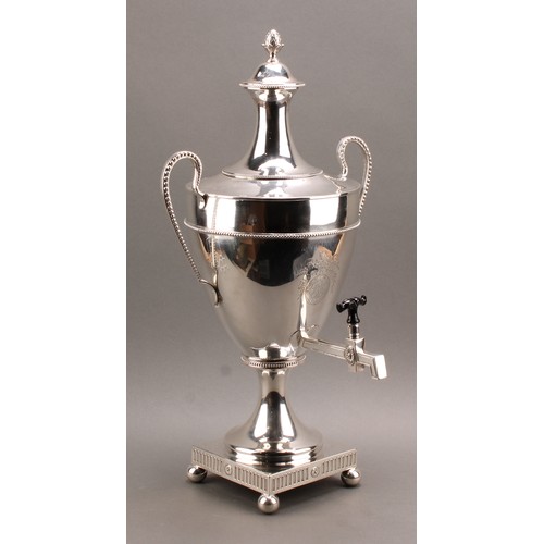 791 - A George III silver two-handled pedestal tea urn or samovar, in the Neo-Classical taste, beaded bord... 