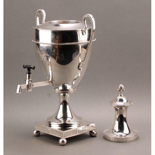 791 - A George III silver two-handled pedestal tea urn or samovar, in the Neo-Classical taste, beaded bord... 